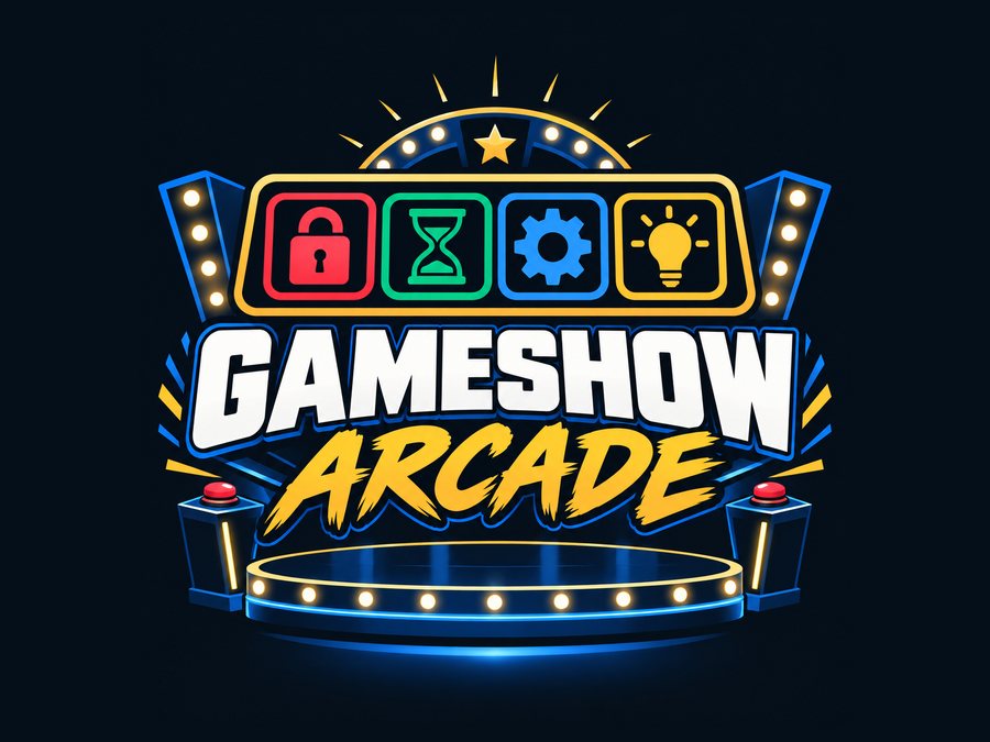 Logo for Gameshow Arcade — hengelås, timeglass, tannhjul og lyspære over en scene med lys