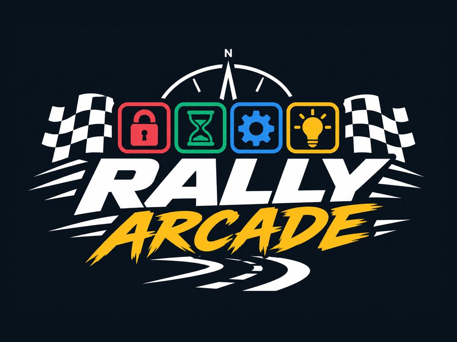 Logo for Rally Arcade — hengelås, timeglass, tannhjul og lyspære mellom to rutete flagg