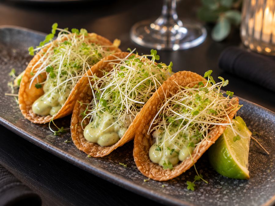 Tre taquitos på et mørkt fat, toppet med spirer og servert med limebåt